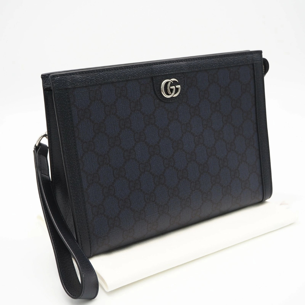 Gucci GG Supreme Clutch Bag Canvas Leather Navy Blue